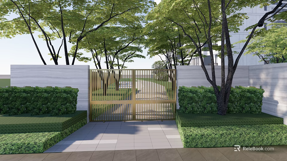 Golden Metal Entrance Gate With Gray Wall Green Trees And Stone Path 3d model 