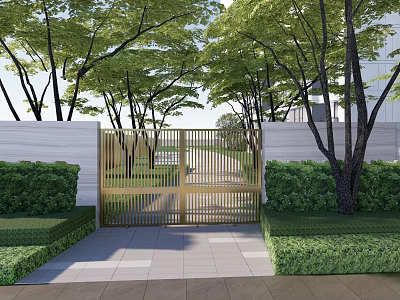 Golden Metal Entrance Gate With Gray Wall Green Trees And Stone Path 3d model