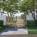 Golden Metal Entrance Gate With Gray Wall Green Trees And Stone Path