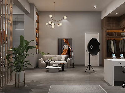 Modern Clothing Store Interior With Stylish Display Racks Green Plants Sofa And Chandelier 3d model