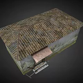 Dilapidated Small Hut With Rusted Roof Peeling Mossy Walls And Wooden Door Steps