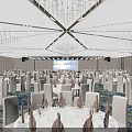 Elegant Banquet Hall With Round Tables White Chairs Table Settings And Chandeliers