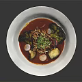 Braised Meat With Red Sauce Broccoli Crispy Shreds And Turnip On White Plate
