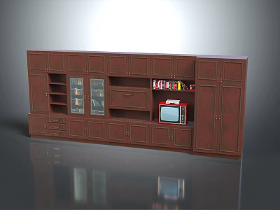 Brown Wooden TV Cabinet With Glass Doors Drawers Open Shelves And Vintage TV 3d model