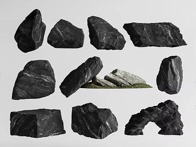Various Black Rockery Stones With Different Shapes And Natural Textures For Garden Decoration 3d model