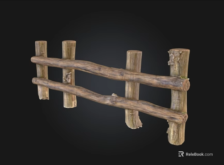 Rustic Wooden Garden Fence With Natural Log Posts And Cross Rails 3d model 
