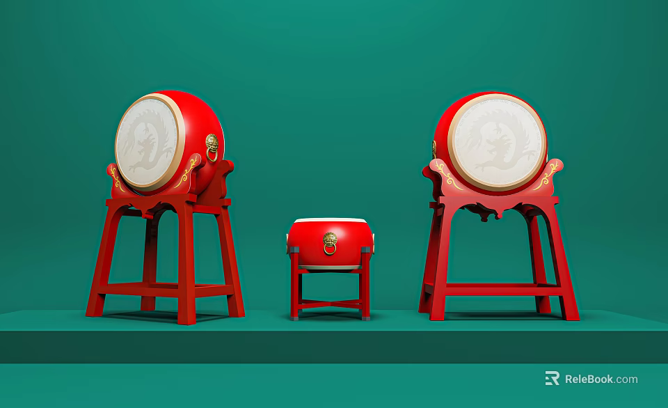 Traditional Red Drums With White Painted Drumheads On Red Stands Green Background 3d model 