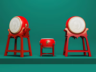 Traditional Red Drums With White Painted Drumheads On Red Stands Green Background 3d model