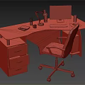 Curved Wooden Office Desk With Drawers Computer Monitor Keyboard Lamp And Black Chair