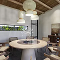 Outdoor Restaurant Patio With Wooden Tables Benches Greenery Trees Clay Pots White Building Lantern Lights
