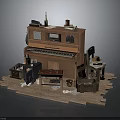 Vintage Wooden Furniture Collection With Piano Stool Chair And Crates On Planks