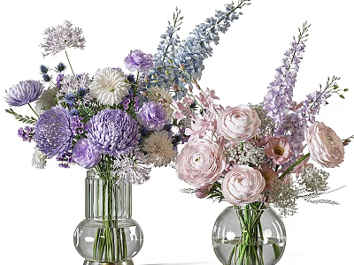 Elegant Glass Vases With Pink Purple White Flower Arrangements 3d model