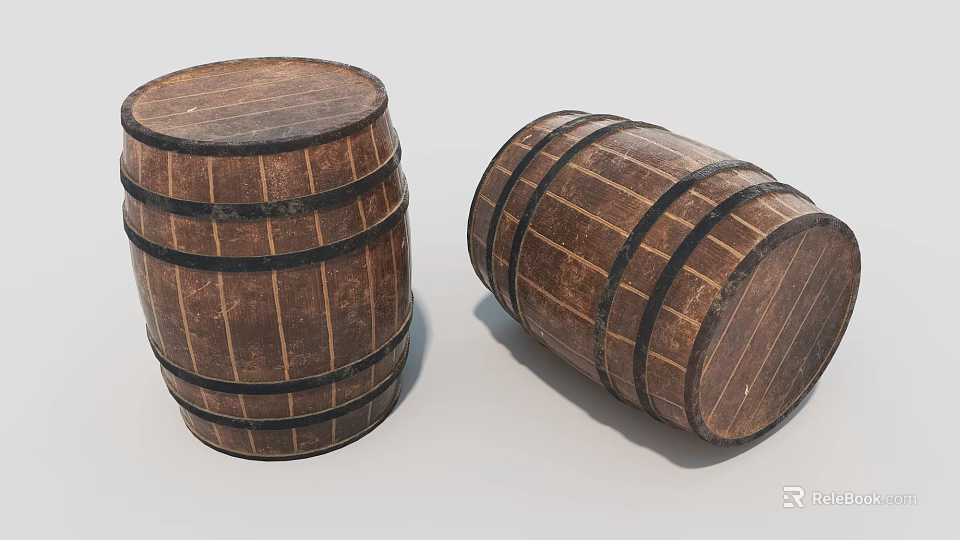 Rustic Wooden Barrels Standing And Lying With Black Metal Hoops For Home Use 3d model 