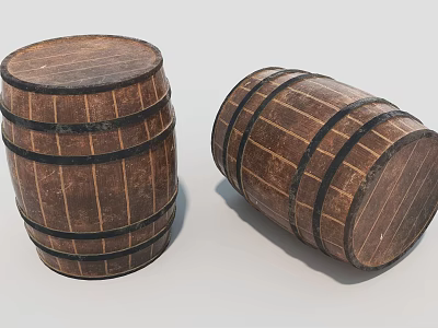 Rustic Wooden Barrels Standing And Lying With Black Metal Hoops For Home Use 3d model