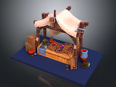 Wooden Market Stall Design With Canvas Roof String Lights Displayed Goods And Potted Plants 3d model