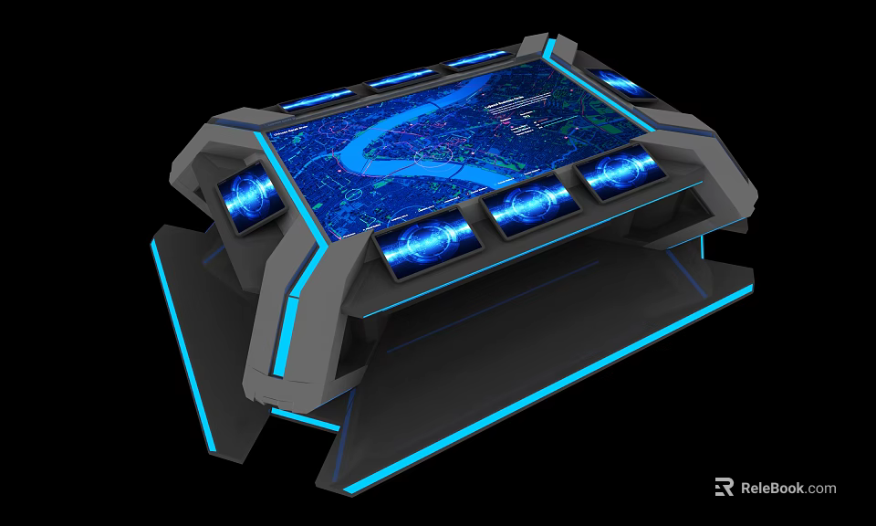High Tech Commercial Control Console Equipment with Blue LED Lights and Interactive Display Screens 3d model