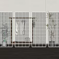 White Grid Partition Wall in Room with Wooden Floor Natural Light and Potted Plant