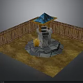 Outdoor Courtyard Scene With Stone Well Blue Roof Wooden Fence And Fire Pit