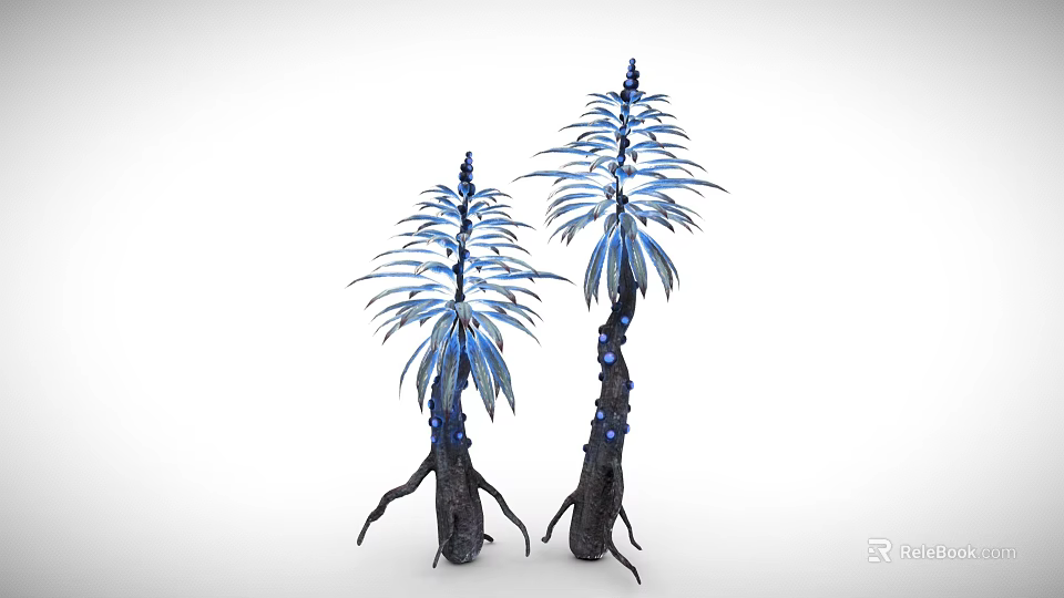 Cartoon Scene Featuring Two Plants With Blue Leaves And Black Roots With Blue Spots 3d model 