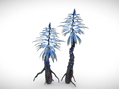 Cartoon Scene Featuring Two Plants With Blue Leaves And Black Roots With Blue Spots 3d model