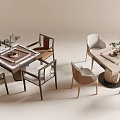 Square And Round Entertainment Tables With Wooden Fabric Chairs And Decorative Plants