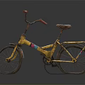 Vintage Yellow Bicycle With Red Handlebars Brown Seat And Rusty Worn Wheels