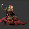 Game Movie Warrior Character Riding Pink Lizard With Gold Red Armor And Dual Scimitars