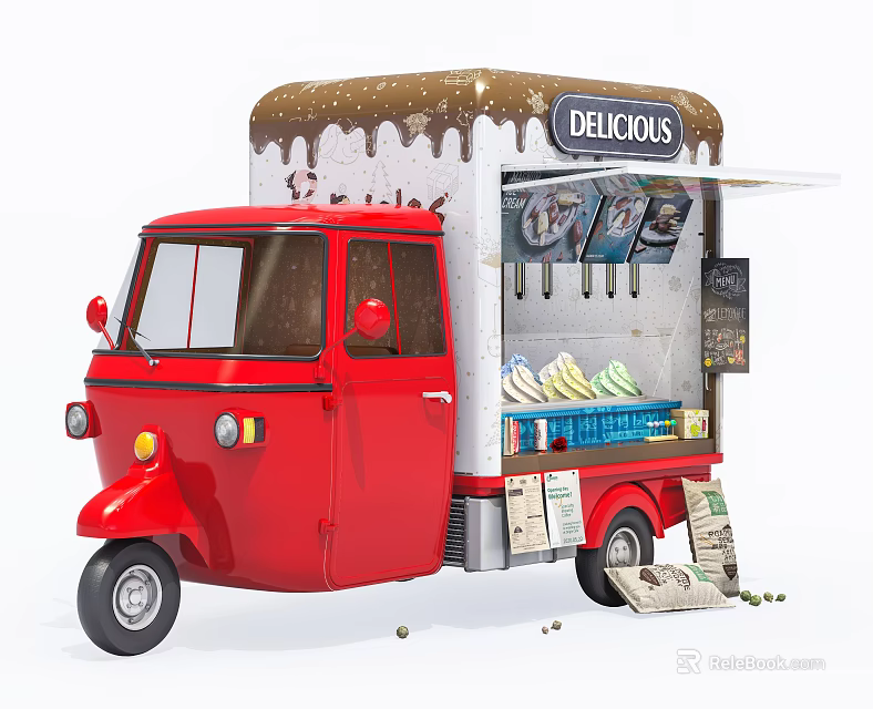 Red Ice Cream Cart With Delicious Sign And Street Vendor Setup 3d model 
