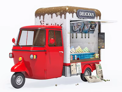Red Ice Cream Cart With Delicious Sign And Street Vendor Setup 3d model