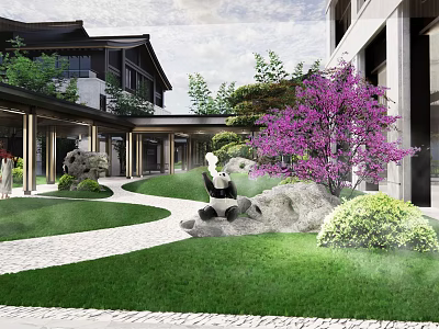 Chinese Garden Landscape With Traditional Architecture Lawn Pathway Rockery Stones And Purple Flowering Tree 3d model