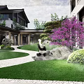 Chinese Garden Landscape With Traditional Architecture Lawn Pathway Rockery Stones And Purple Flowering Tree