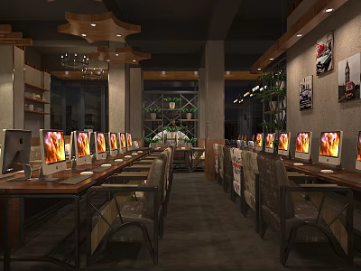 Modern Internet Cafe Interior With Multiple Computers Comfortable Seats And Ambient Lighting 3d model