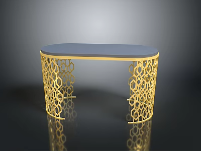 Elegant Modern Dining Table With Gold Metal Hollow Out Pattern Legs And Blue Smooth Tabletop Surface 3d model