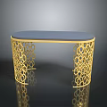 Elegant Modern Dining Table With Gold Metal Hollow Out Pattern Legs And Blue Smooth Tabletop Surface