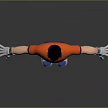 Man Arms Outstretched Orange Polo Shirt Dark Blue Pants White Gloves Blue Sneakers Gray Background
