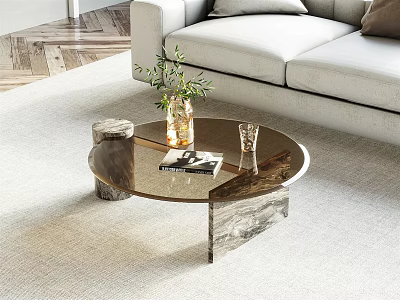 Elegant Modern Coffee Table With Glass Top Marble Base And Sofa In Living Room Interior 3d model