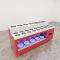 Red Commercial Display Cabinet Featuring Multiple Circular Holes Purple Cups Inside and Control Panel 3d model