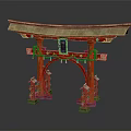 Traditional Red Japanese Torii Gate With Wooden Structure And Gold Accents