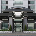 Modern Office Building Entrance With Glass Curtain Walls Columns And Green Plants