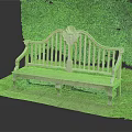 Solid Wood Outdoor Bench With Carved Backrest In Lush Garden Greenery Setting 3d model