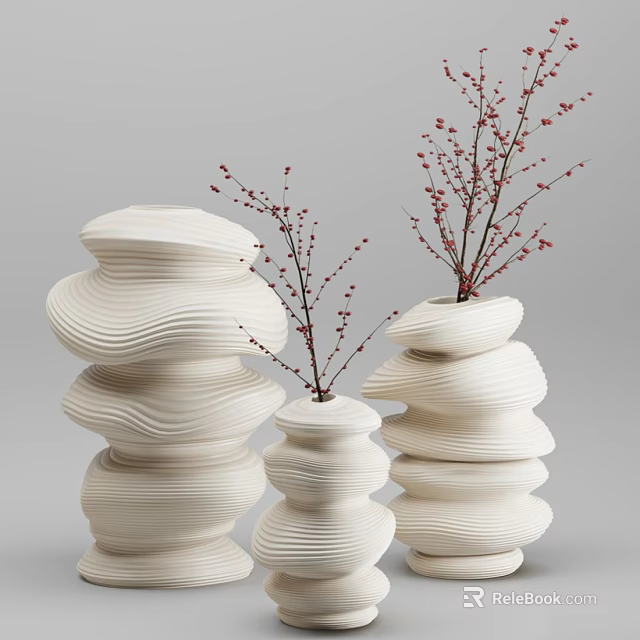 Elegant White Wavy Stacked Ceramic Vases With Red Twig Branches Floral Arrangement 3d model 