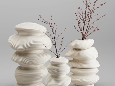 Elegant White Wavy Stacked Ceramic Vases With Red Twig Branches Floral Arrangement 3d model