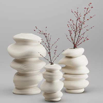 Elegant White Wavy Stacked Ceramic Vases With Red Twig Branches Floral Arrangement 3d model