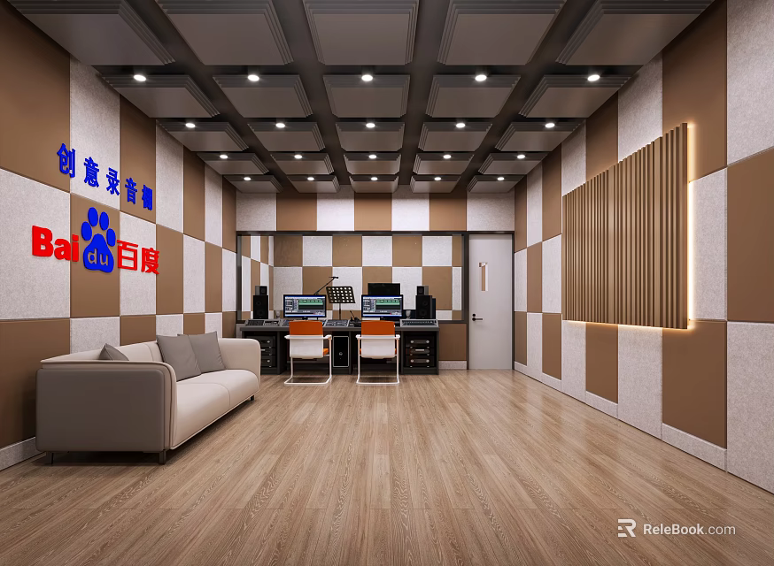 Baidu Creative Decoration Office Interior With Sofa Desk Computer Wooden Floor And Wall Design 3d model 