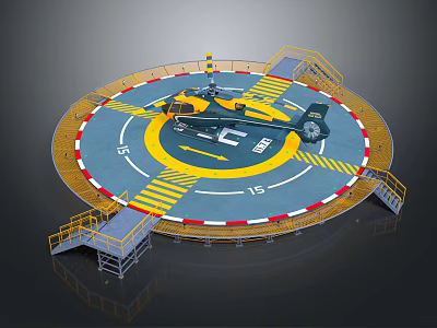 Helicopter Parked On Circular Helipad With Yellow Blue Markings And Surrounding Stairs 3d model