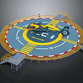 Helicopter Parked On Circular Helipad With Yellow Blue Markings And Surrounding Stairs
