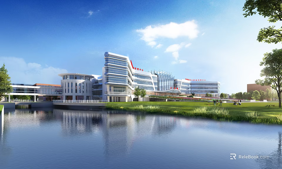 Modern Hospital Building Exterior With Water Reflection Green Landscape Trees And Blue Sky 3d model 