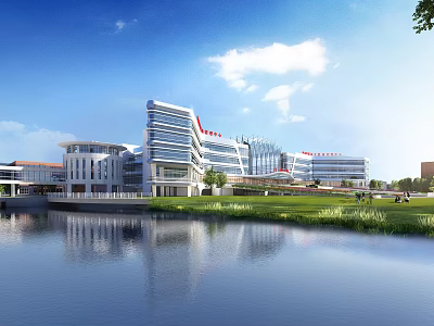 Modern Hospital Building Exterior With Water Reflection Green Landscape Trees And Blue Sky 3d model