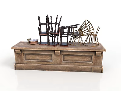 Rustic Wooden Table Display With Assorted Chairs Basket And Small Dish 3d model