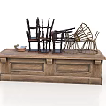 Rustic Wooden Table Display With Assorted Chairs Basket And Small Dish